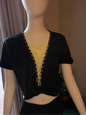 Black Lace-Up V-Neck Crop Top with Neon Yellow bungee chords by Emma and Sam.
